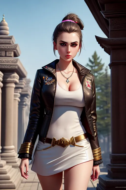 a concept art of,a russian girl,wearing jacket,walking,in a temple,big breasts,five fingers per hand,ponytail,charming face,beautiful lips,detailed large eyes,curved eyebrows,pale skin,satisfaction,wearing necklace,pixiv,bokeh,artstation,ultra realistic,editorial