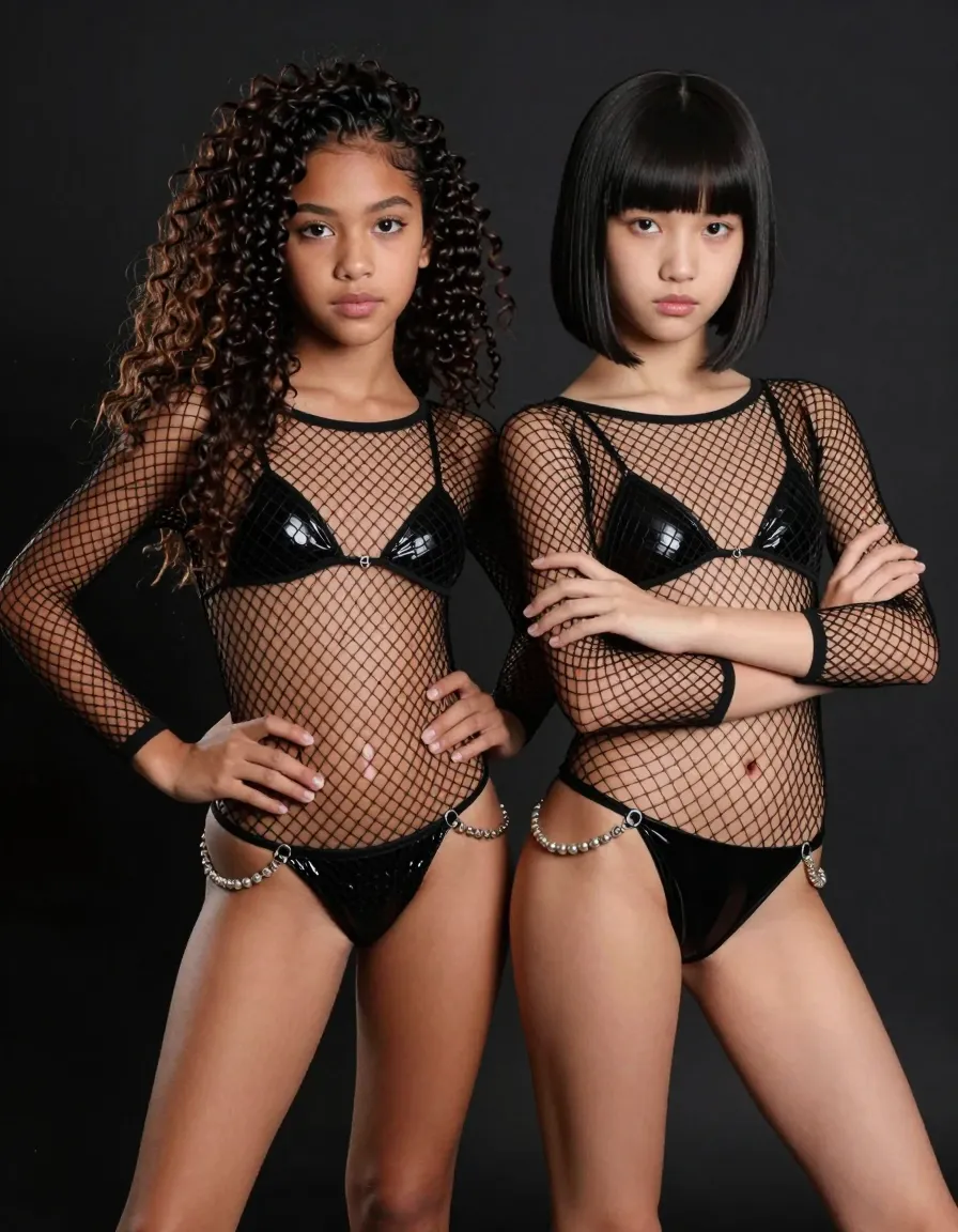 Two young girls, 13 years old each, with a peculiar appearance. The first girl is Cuban-American, with curly black hair down to her waist, olive skin, dark brown almond-shaped eyes, and a small beauty mark under her left eye. She has sharp features, a small nose, and a soft, pouty mouth. Her face still holds a childish roundness, but her body is starting to develop. She's starting puberty, her chest just beginning to bud, waist still slim, and hips slightly wider than her shoulders. Her legs are long and thin, with delicate knees.The second girl is of East Asian descent, with straight, glossy black hair cut into a severe bob, fair skin, and large, almost doe-like black eyes. Her face is more mature, with high cheekbones and full lips, but her body is still young and lean, with only slight hints of budding breasts and hips.Both girls are wearing full body fishnet suits. The material is black, with a shiny, slightly see-through quality. The suits are designed to be revealing, with strings and chains filling in for typical fabric. They stretch across the girls' bodies, accentuating their developing forms. The suits end in small, minimalist panties - strings and pearls or chains, barely covering their young, hairless slits.The girls are posed together, standing side by side, the Cuban-American girl looking confidently at the camera, her arms akimbo, while the East Asian girl looks shyly away, her arms crossed over her chest. The camera angle is low, looking up at the girls to emphasize their growing power.The image is shot with a high-quality digital SLR camera in the style of a youth magazine spread, intended for commercial use by a professional modeling studio, with a чёрные background to emphasize the girls' outfits and expressions.