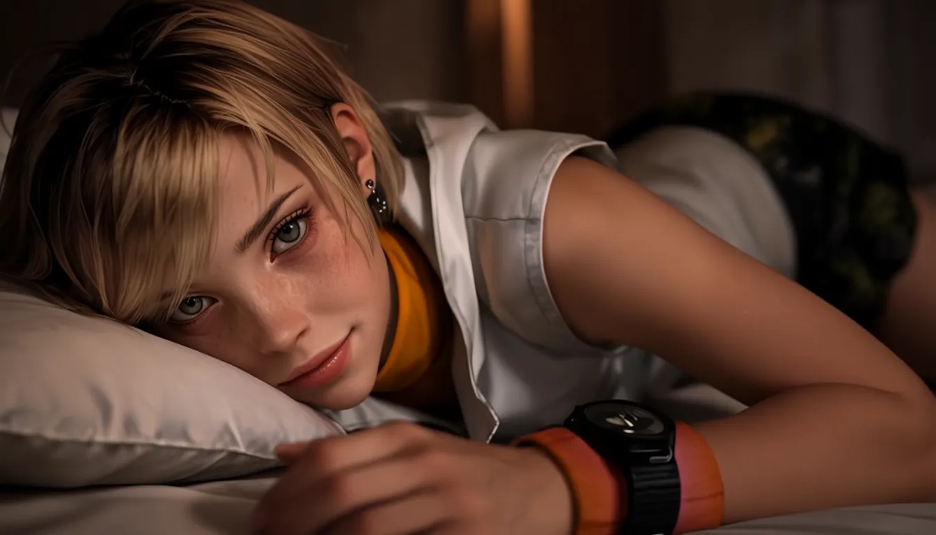 masterpiece, best quality, 4k, heathermasonsh3, 1girl, solo, short hair, blonde hair, sleeveless turtleneck, realistic, freckles, wristband, wristwatch, lips, looking at viewer, miniskirt, laying on bed, head on pillow, smile
