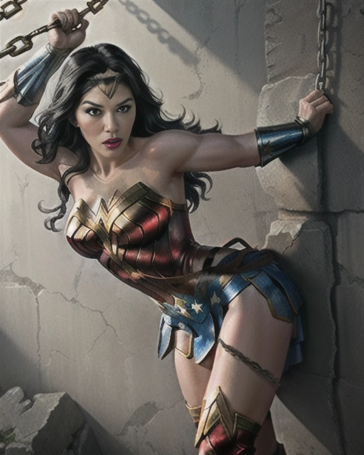 A dramatic illustration of captive Wonder Woman tied to chains facing a wall and the Hulk grabs her ass with one hand, tears in her eyes, bruises, blood, defeated, erotic