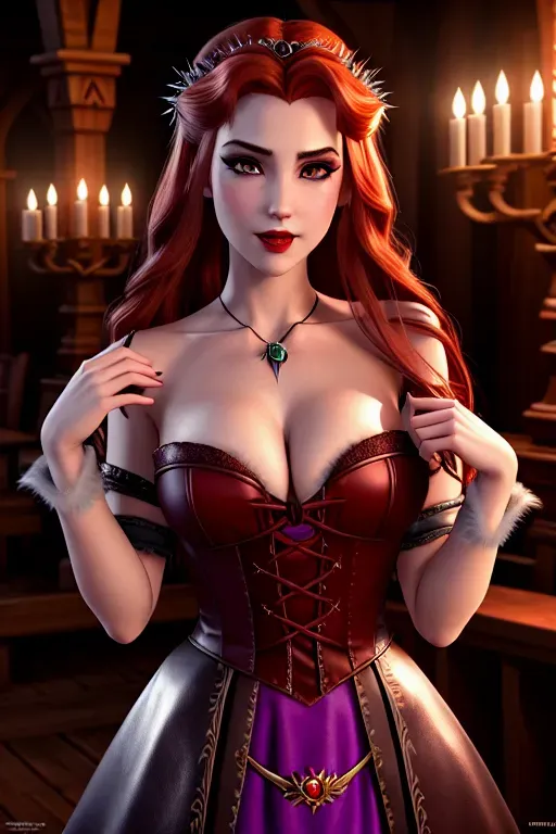 Anna of Arendelle,dancing with Dracula, hypnotized, moderate breasts,five fingers per hand,sweet face, beautiful lips,curved eyebrows,vampire bite on neck, leather, auburn hair, medium long hair, theateric dramatic club lighting,ultra realistic,pixiv,unreal engine,bokeh, bow