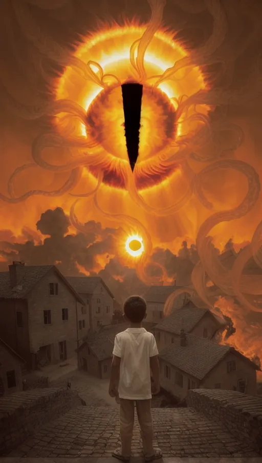 (the sun erupts with solar flares shaped like tendrils),
(The village beneath is on fire),
(A boy wearing white stares up at the eye in the sky),