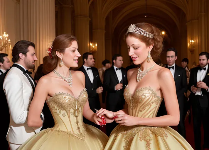 amidst the revelry of a grand late eighteen hundreds French masquerade ball, where everyone is wearing ornate masks, a clumsy servant trips spilling red wine on beautiful, auburn haired, round wide blue eyes sexy Queen Anna of Arendelle wearing a satin, pearl and gold mask, and a pristine brilliant white heirloom ball gown. An opportunistic Marquies De Sade looking on. photorealistic. High resolution