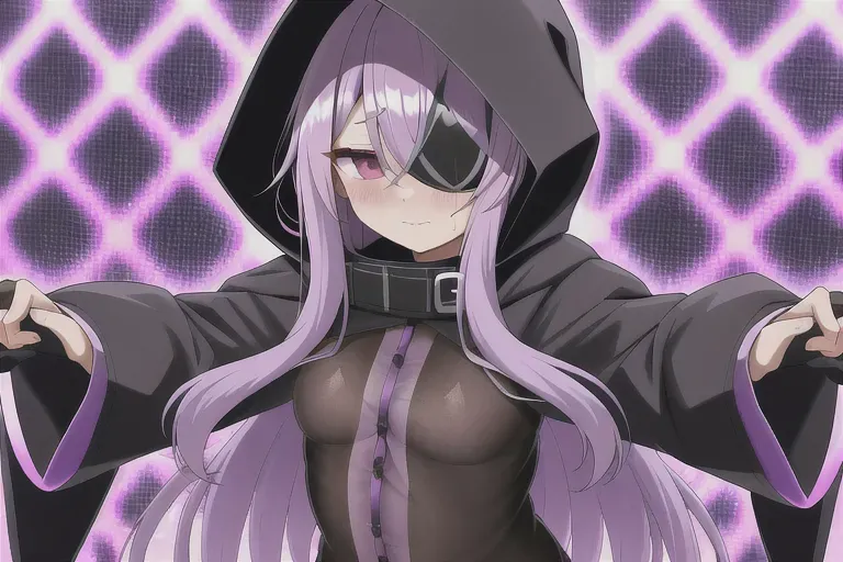 era, from omega strikers, lavender hair, shy, see through clothes, black clothes, slutty outfit, shy, hood, hair covering one eye, thick thighs, small breasts