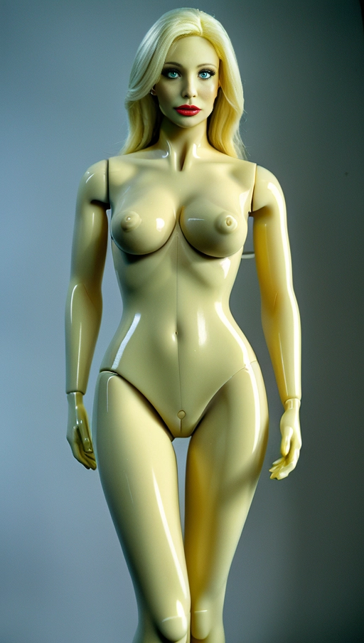 mid-1990s style. interior scene photo studio. sexy naked thirty-four year-old woman turned into a plastic mannequin. neck length blonde hair. blue eyes. painted on featrures. 38D-25-34 measurements. massively extreme mannequin fetish. looking seductive sultry. alluring. enticing. silicone. fake. plastic.