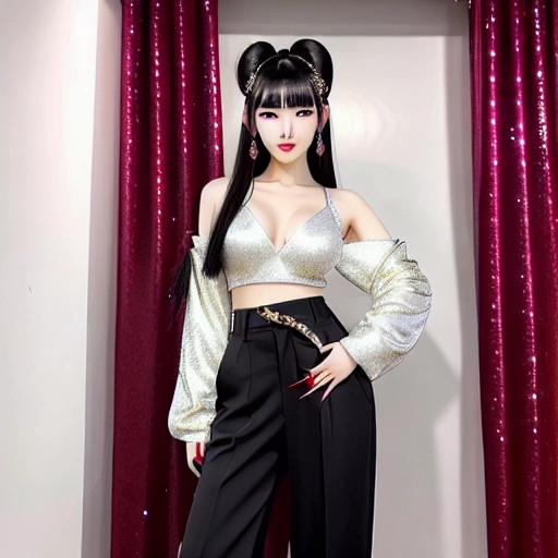 23yr old chinese woman, small waist, curtain bangs hairstyle, baggy pants, white sparkly glitter nails, dark hair, dark brows