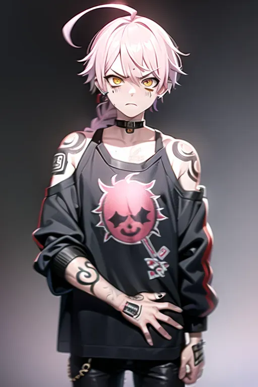 delinquent street punk in emo style clothes standing in refinery holding up the middle finger, looking at viewer, 1boy, braid, (huge ahoge:1.3), angry, closed mouth, frown, standing, torn clothes, piercings, jewelry, tattoos, finely detailed background, amazingly intricate background, incredibly absurdres, best quality, <lora:dpmg_middle_finger:1>