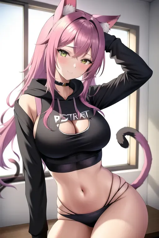 photograph 20 year old a cat girl buff wearing a croptop hoodie house party day time indoor lights happy 8k professional