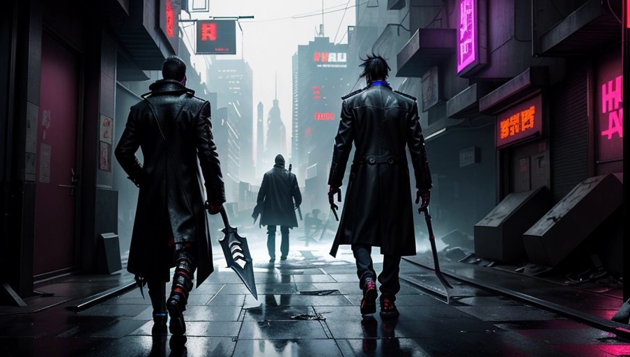 A man in a long coat walks through a cyberpunk city. In one hand he is holding an axe lying on the ground, and in the other he is dragging a body behind him. He is seen from behind.