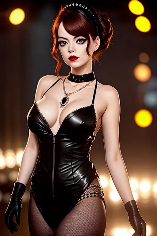 a illustration of,extremely slutty, emma stone, full body, wearing goth clothing,touching breasts,nude breasts,breasts visible, hard nipples,in a dystopian future,five fingers per hand,updo hair,charming face,beautiful lips,brown eyes,curved eyebrows,curved eyelid,smooth skin,wearing necklace,editorial,highly detailed,cinematic lighting,smooth,bokeh
