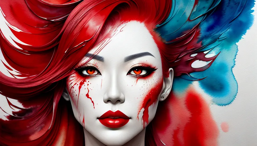 A half body portrait of an asian woman made of blood, half body is submerged in blood, red hair depicting a waterfall, drops of water on the face and body, tears of blood, concept art inspired by Alberto Seveso, abstract artstyle, intricate, watercolor explosion painting, digital painting, 2d render, 8k, trending on artstation