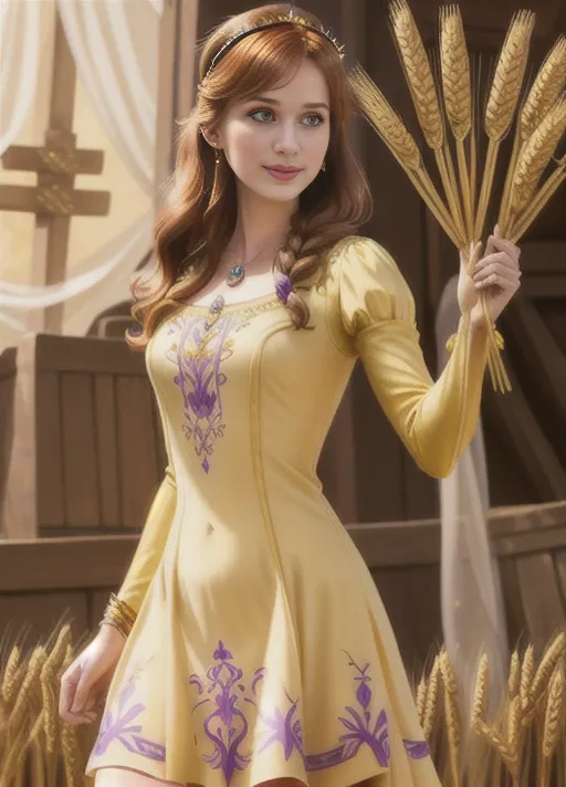 Exploring the wonders of the Harvest Festival, Adult beautiful joyful sweet Anna of Arendelle portrayed by Elizabeth Lail with very big soft sapphire eyes her auburn hair in a low hanging bun in back and single braid on the front top with golden wheat stalk combs slid into the sides, dressed in a cream colored dress with gold and purple embroidery and a light tan jacket. Photorealistic.