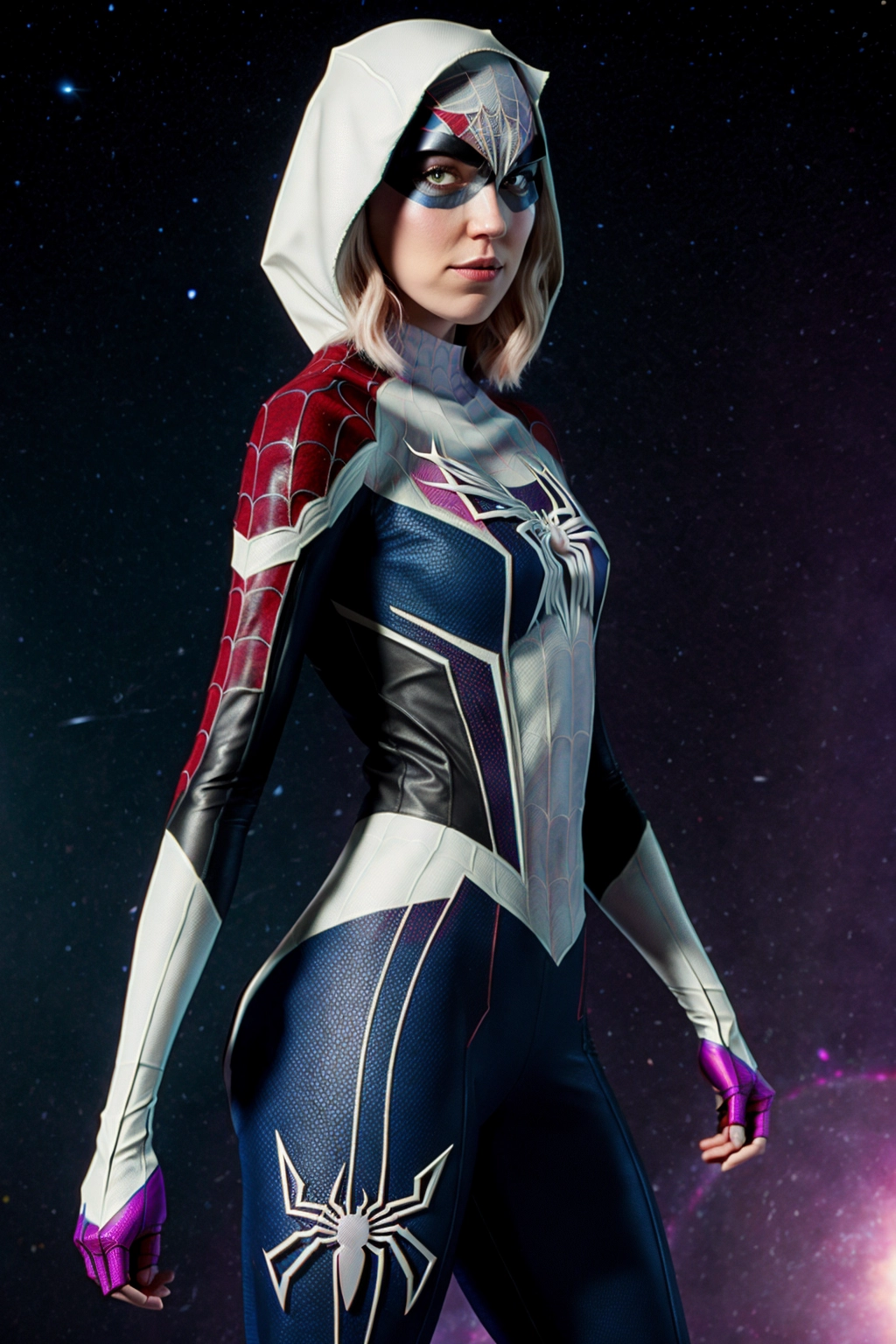 Young Gwen tennyson ((Spider Gwen)) Marvel Universe, Marvel Character Costume, Navel Free, Shoulder Free, Medium Hearing Breast, Pointed Puffish Book, Seduating Gaza, Distant Galaxy ((Galaxy Escap Realistic, 8k background, 4K image quality, complete detail