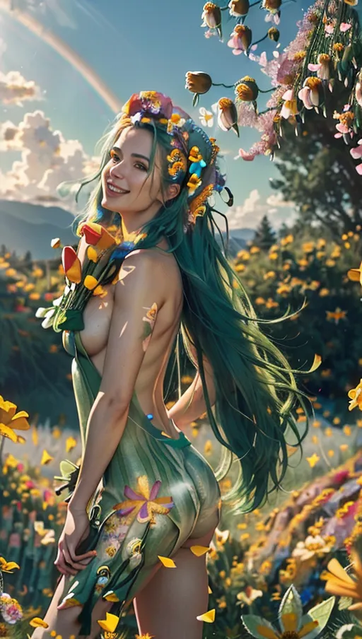A professional photograph, side view, (1 hot Roman goddess Flora (18) is dancing in a meadow), she has insanely long (rainbow hair) covered with flowers, she is ((naked)) with (skin printings of ((flowers:1.8) and (green leafs:1.4))), (laughing:1.2), surrounded by flying bees and birds, perfect breast, perfect ass, beautiful lips, (focused:1.1), beautiful face, highly detailed, perfect hands, five fingers per hand, bright sunny day, blue sky with light clouds, cinematic lighting, ((cinematic composition)), 32k, HDR, highest quality, highest resolution, (photorealist:1.72), (photorealism:1.72), (masterpiece:1.18), --s 750 --v 5.2