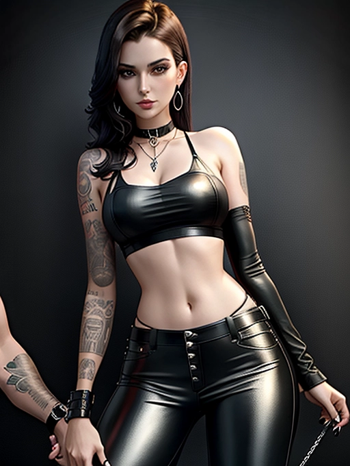 a dark haired goth punk couple dominating a submissive young woman with brown hair, heavy metal vibe, tough, tattooed, dressed in black leather pants, black shirt, bare arms, cruel smile, sadist, dark, sinister, dominant, submissive, Sadomasochistic, mysterious, evil, Submissive woman, pretty young woman in her twenties spreading her legs and touching her pussy, She is dressed like a cat, collar and leash, e Her beautiful blonde hair, subtly highlighted with pink, The woman is dressed completely in white, wearing a cotton tank top with letters that read C U R I O U S, a short white miniskirt, and she wears no underwear, she exudes an air of curiosity, enchantment and sexuality, The silver ankh necklace gracefully adorns her, representing fascination and ancient wisdom, The artistic rendition masterfully captures her intrigue and mystique, showcasing her in an alluring and captivating pose.