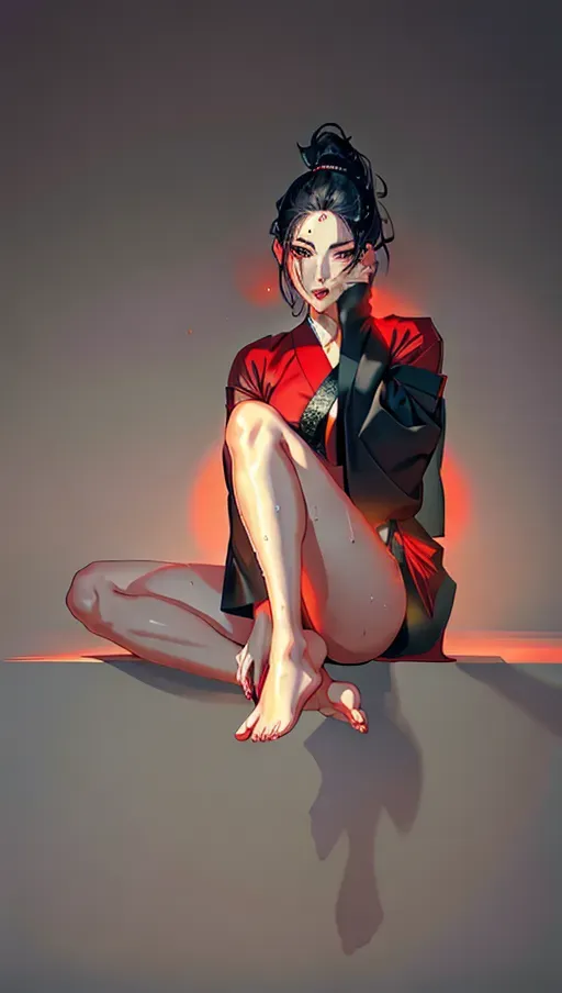 1girl, full body, detailed face::5, beautiful::5, attractive::5, sexy::5, flawless::5, shapely::5, sensual, dirty::5, fatal, lethal, deadly, hurt::5, bruised::5, feudal japan::5, japanese , seductive, surprised, startled, stunned, attacked, ambushed, assaulted, frightened, terrified, alarmed, scared, spooked, panicked, fearful, terrorised, moody lighting::5, night::5, short hair, dark hair, black hair, parted hair, almond shaped eyes, eyes open::5, eyes wide::5, eyes wide open::5, thin lips, solo , masterpiece, ultra high res, professional, photo referenced::5, 23 years old, young adult::5, slim, pale skin, kimono, dark red kimono, saliva, saliva dripping, summer, thin clothing, sweat, sweaty skin, shiny skin, purple eyeliner, small breasts::5, pain::5, head tilt, mouth open, mouth agape, parted lips, bending, bent, 1 character, long sleeves::5, loose top, bags under eyes, feet, foot, dorsal, bare feet, barefoot, sitting , legs crossed, hand on face