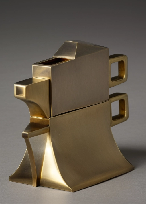 a brass double tea pot ,one tea pot on top of another ,both tea pots mold into one ,the top lid slides back to open the pot, the lid is open,the bottom spout has a lid on it