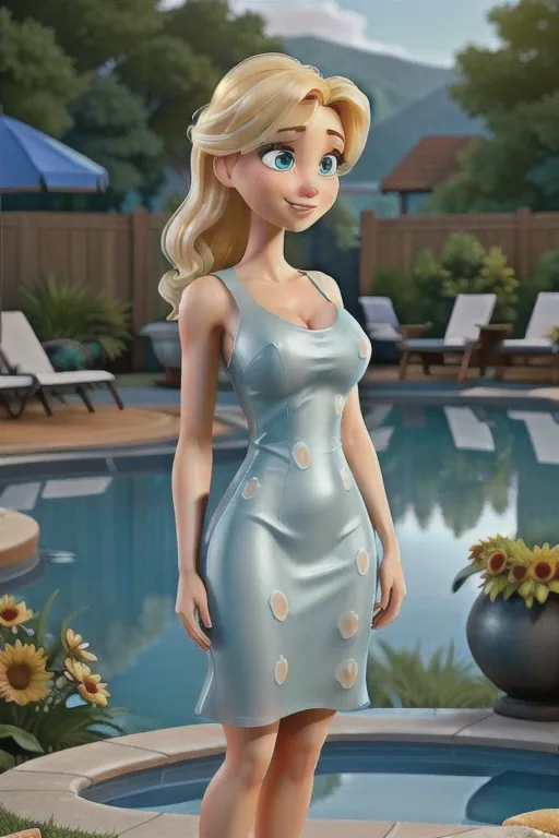 A 8k resolution photo shot of a 24 year old european woman with blonde hair, pale white skin, Wearing a low-cut, tube-top, sleeveless dress at a charcoal barbecue next to a swimming pool. Her skin is wet and shiny. Her hair is wet and is somewhat see-through. Water drips off her face and breasts. She is not wearing a bra and has large nipples which can be seen poking her dress outward. She has small perky breasts. Her dress is soaking wet and clings to her body. Her dress is so low cut, it shows a lot of cleavage. Her dress has a sunflower print on the fabric. There are NO sunflowers except on the dress. The sky is very blue with noon day lighting.