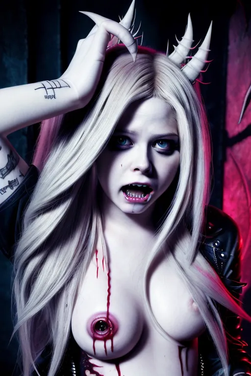 (Avril Lavigne), nude full breasts, ultra detailed face, 64k, vampire, razer sharp teeth, big vampire teeth, blood on teeth, squinting menacing eyes, evil expression, dark alley, body modification, ultra detailed body image, 4k, ultra realistic, photo realistic,upper body portrait,