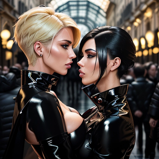 Visualize an image featuring a 25-year-old woman with a short, punk-inspired blonde haircut reminiscent of a young Kim Kardashian. She is clad in a sleek black PVC raincoat. Surrounding her are three pairs of female hands delicately touching her, creating an intimate and captivating scene. The shiny texture of the raincoat enhances the visual appeal, adding a touch of allure to the overall composition, walking the street of Milan Italy galleria vittorio emanuele by night , bokeh, canon 50 mm, f:1.2 side view from behnd, darker face