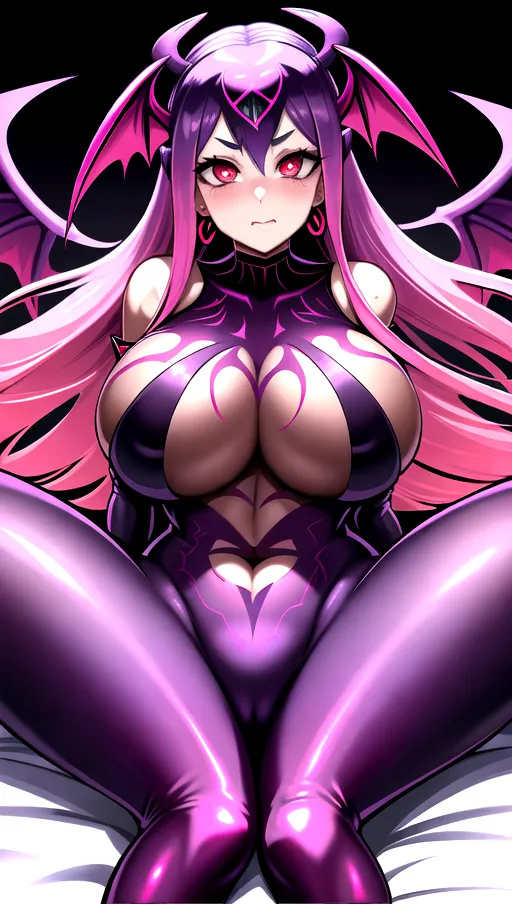 best quality, ultra high res, detailed face and eyes, perfect face, big shining heart choker, earrings, jewelry, very long voluminous hair, (pink glowing hair:1.2), lipstick, purple long sleeves, purple glowing heart, demon mark, straight hair, (big boobs:1.3), red demon horns, very very long hair, perfect face and eyes, straight hair, sexy succubus girl, pink glowing eyes, (red demon wings:1.4), wet cameltoe, (purple corrupted symbiote suit:1.5), bedroom, (pink glowing demon diadem:1.4), (dark spiked crown:1.2), (thick red succubus tail:1.3), demon tail, (pink glowing heart pasties:1.2), (laying on bed:1.3), shiny leather, purple leather skin, purple skin, long legs, big tighs