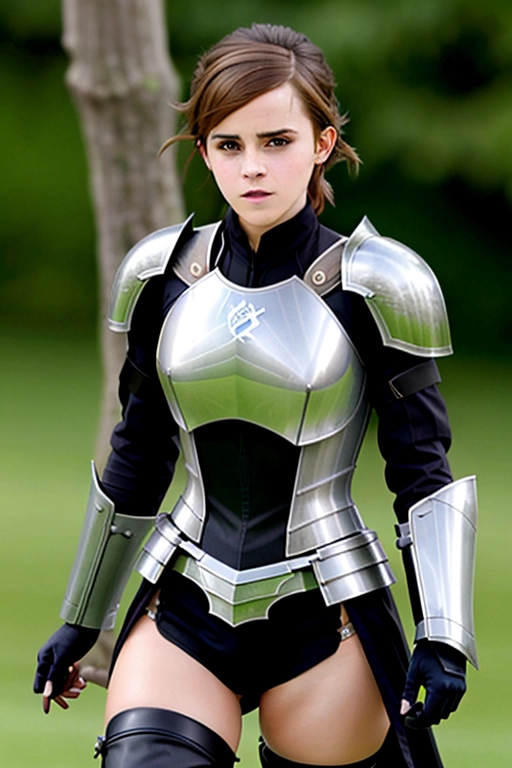 Emma Watson, knight, no helmet, in skin tight armor, sexy,hyper realistic, sexy pose,big thighs,realistic face, show legs,cleric,busty,huge breasts,athletic build