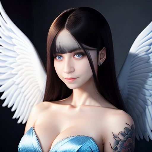 a 8k high detail photo full body shot, ,five slender fingers ,silky hair, beautiful face ,beautiful lips, beautiful breasts, blue eyes,curved eyebrows,curved eyelid,pale skin,satisfaction,tattoo,ultra realistic,smooth,8k,studio lighting,surreal, Angel Wings, Angelic Lighting, Love, Hope,