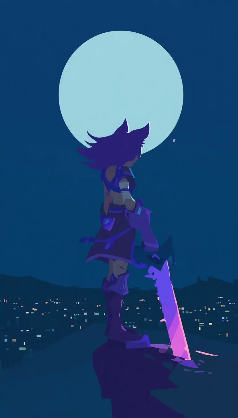 flat color, no lineart,
granblue fantasy, 1girl, monster girl, wolf ears, standing atop a cliff overlooking a moonlit cityscape, armor, glint, glowing sword, full moon, shadow, dark, backlighting, from side, looking at viewer, glint, multiple scars, bandages