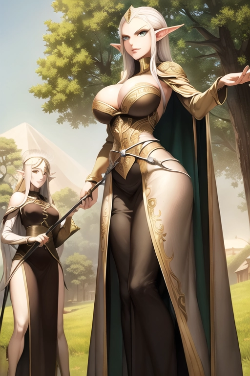 Sophisticated Tall huge Elf Queen (commanding:1.8) female_villagers standing outside, outdoor,