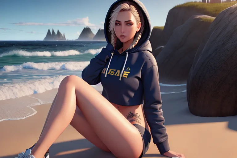 a oil painting of,a sweden girl,wearing hoodie,kneeing,on the beach,big breasts,five slender fingers,braids hair,gorgeous face,beautiful lips,curved eyebrows,curved eyelid,romantic,tattoo,pixiv,8k,unreal engine,ultra realistic,cgsociety