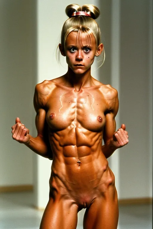 A very fit and skinny 18 year old naked Linnea Quigley, look of pain on her face, pushing her abs out, very low body fat, extremely lean body, perfect body, showing her vagina, standing in a hot fuck palace, fully nude, fully tanned, hair bun, spreading her legs, perfectly shaped breast