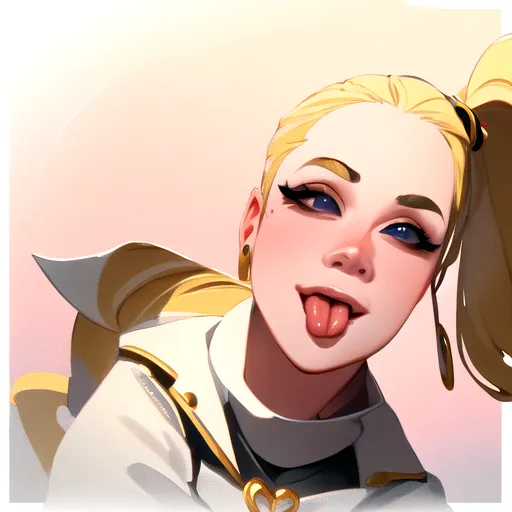 masterpiece, high quality, blonde, tongue out, big eyes, ponytail, high detail face, curved lips, cuved eyebrows,