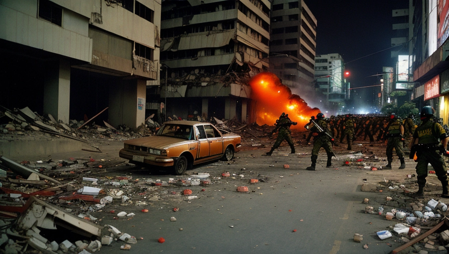 1998 Jakarta riot real photography on the street but amplified 100 times more intense, intense gunfight on the streets, buildings on fire or collapsed in ruins, missiles flying on the sky, night time no electricity