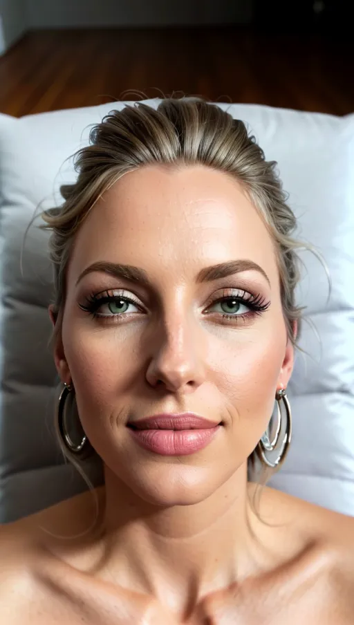 ((very low angle close up front view portrait of a solo czech lady lying on a cosy pillow)), (Back of Hand Support position with Hand cradles back of head), ((accurate facial details)), (beautiful detailed blueish grey eyes), (beautiful detailed natural lips) ,(natural eyebrow), (nice teeth), (natural hair Feathered layers style ),earings, necklace, lingerie, (((8k ultra high resolution photo))),((natural lighting)), <lora:dpmg_imminent_fuck:0.8>
