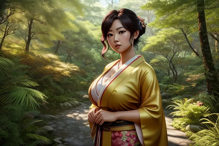 a color pencil draw of,kaori miyazono,wearing kimono,kneeing,in the forest,big breasts,five slender fingers,short thick hair,beautiful face,beautiful lips,curved eyebrows,curved eyelid,textured skin,satisfaction,wearing golden ring,ultra realistic,studio lighting,unreal engine,artstation,professional