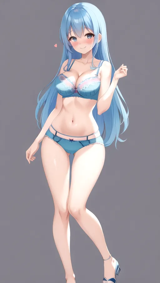 medium breasts, smile, blush, blue hair, cute bra, cute underwear, full body