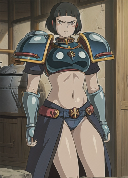 ghibli art style, warhammer 40k, sister of battle, ((short hair)), ((masterpiece)), tall, face tattoo, sci fi armor, serious face, <lora:dpmg_ghibli_style:0.92>