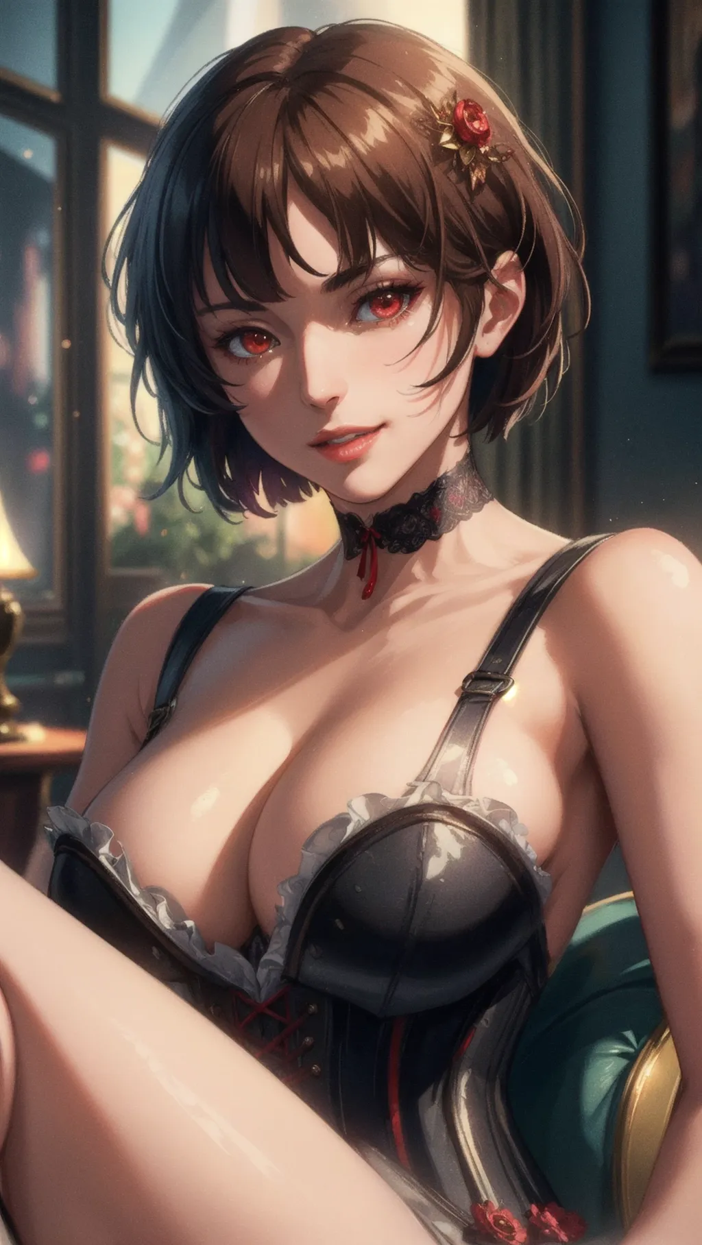 (Best quality, high quality cinematic film wallpaper, high res, 4k, HDR, UHD), 1 adult woman, (a breathtaking masterpiece extreme close up portrait of a womanlounging casually in a victorian era manshion), (messy short brown hair in a bob cut with straight fringe, victorian style red corset, black choker:1.2),
(correct slender human anatomy, victorian style red corset), (extremely detailed red eyes looking at viewer:1.27), (extremely detailed view of her realistic face with smug expression:1.25), (beautiful detailed full lips smiling smugly:1.3), (extremely zoomed in detailed view of her realistic face:1.27),
(Warm atmosphere vintage film scene), high contrast, (lounging casually in a victorian era photoshoot), hyperrealistic skin with pores and blemishes, five slender high quality fingers, niijima makoto from persona 5,
((muted colours:1.27)), close up cinematic composition view of a woman in a victorian era photoshoot, soft focus, sharp and clear image, (candid:1.1), (flat shading stylised art:1.07), <lora:dpmg_add_detail:0.55>, (physically-based ray tracing, photon mapping, photorealistic:1.45), ((high resolution masterpiece, 4K, HDR, UHD:1.45))