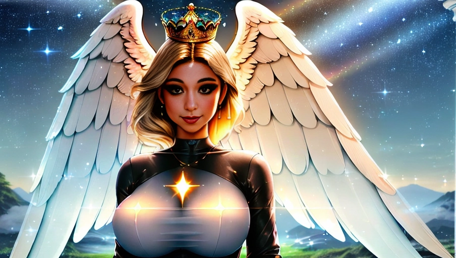 a 64k high detailed photo of body shot of straight Female HDR Professional ((In clothing))) ((Has Attire)) Godly Ultra Detailed Best Quality Most Detailed ((Angel Wings)) Angelic Lighting Love Hope Magic casting Crown Smiling Queen happy Glory Warrior Angels Angelics Positivity Happiness ecstasy enraptured sweaty saving God Royalty Morality Goodness True Good Power Force Authority Ethical Saviour Halo short Hair Always and Forever Sentimental in heat hot ultra hot best best lighting tantric Neutral Brilliant Logical Compassionate Perfect Perfection Exciting Integrity Winged Courage Purity Harmony Beauty mark on upper lip ((Female)) Ethereal Lighting Celestial Lighting (((With Clothes))) ((With God Item)) ((God Tech)) with items of power God Wings ((Afterlife Light)) ((On all Fours Pose))