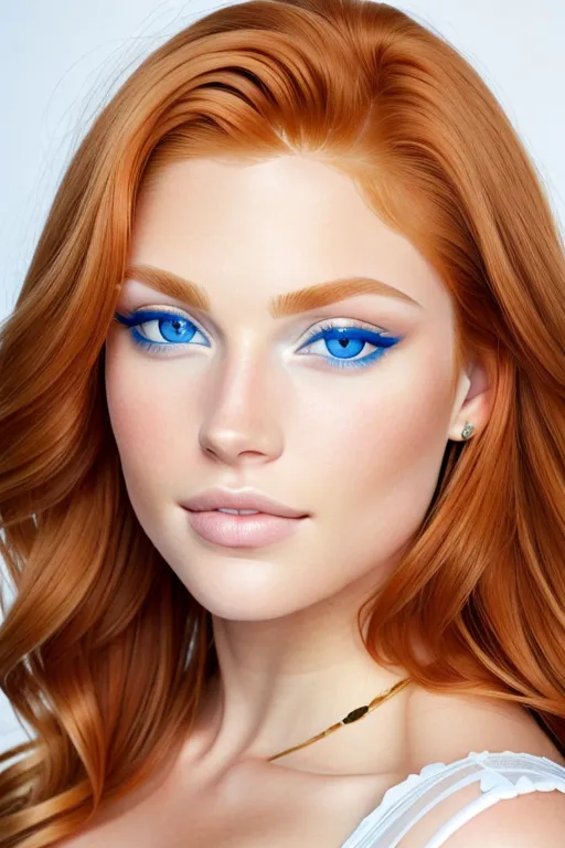 blue eyes, reddish blond hair, plump, full bodied, light skin, golden ratio face, greek,