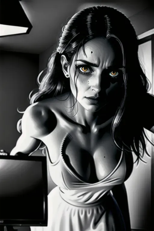 Television screen flickers with static and distortion.
A pale, bony hand emerges from the darkness, gripping the edge of the screen.
Samaras long, wet, and tangled hair spills out from the TV, covering her face and shoulders.
Her haunting, sunken eyes are revealed as she pulls her head out of the TV.
Samaras face is expressionless, her gaze piercing through the screen.
Slow and unnatural movements as she crawls forward, defying physics.
Television screen distorts further as she emerges, struggling to contain her presence.
Chilling atmosphere fills the room as an otherworldly presence invades.
Samaras wet dress clings to her form, adding to the disturbing image.
Her upper body is free, head and shoulders out of the television.
Haunting and malevolent stare fixes on the viewer.
She pulls the rest of her body out, standing fully in the room.
Presence feels ghostly and unnatural, as if from another realm.
The room darkens, and the temperature drops.
Eerie soundtrack intensifies, adding to the feeling of dread.
The scene leaves the viewer in shock and fear.
The nightmare becomes a reality