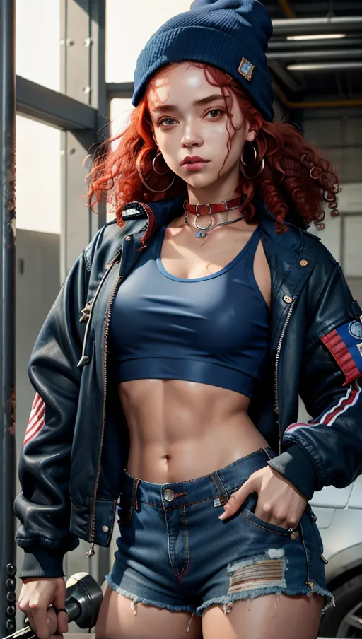 1girl, masterpiece, best quality, highly detailed, red hair, curly hair, (blue crop top with no bra), (dark blue) beanie, shorts, jacket at her elbows, mechanic, collar, wrench in hand, stains from oil
