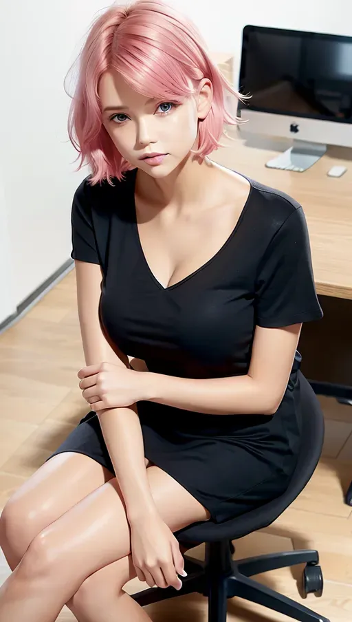 <lora:dpmg_euro_american:.55>,
Pink hair, short hair, messy hair, black office attire, full body shot, all in frame