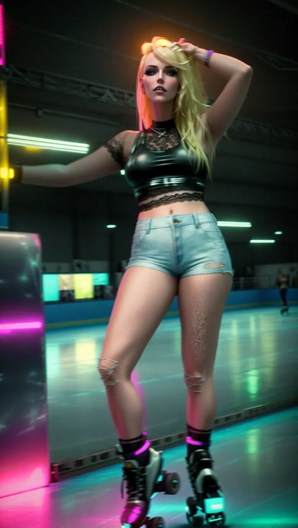 Sexy girl with blonde hair posing at a skating rink, wearing skates, lace crop top, jean short shorts, neon lights, dark room.