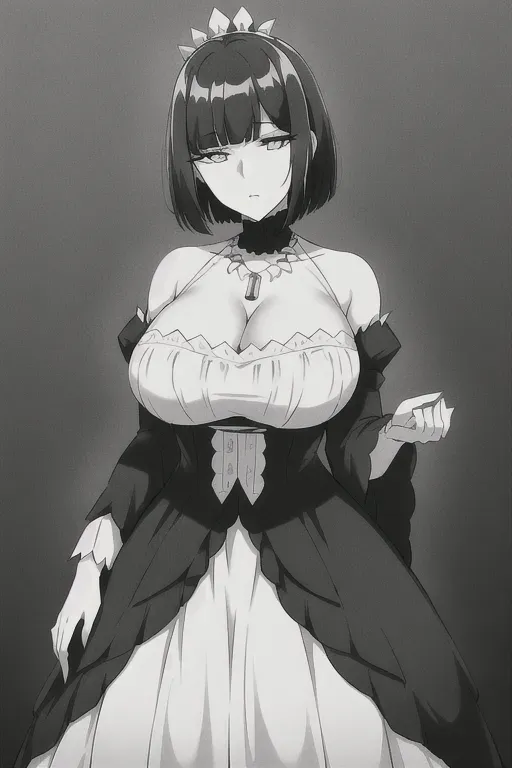 A woman In a black and white gradient kind of photo, black hair, pure white skin, white eyes, wearing a black dress from the 1840s, she looks sad, her surroundings are colored black and white, she has a white necklace on, very detailed, beautiful, she has very short hair