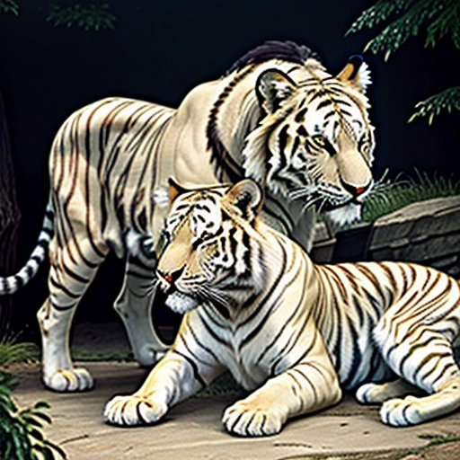 1 white tiger with 2 lions at the zoo in color
