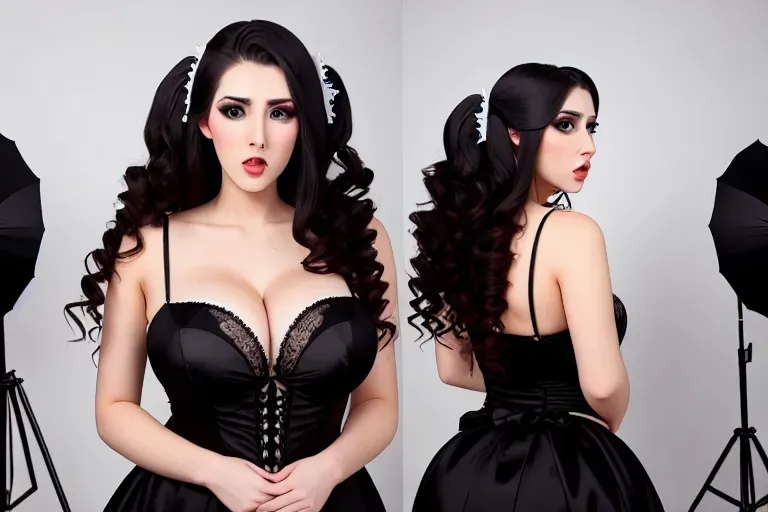wide shot, 20 year old, an e-girl, insanely beautiful, maid clothes, black, photo studio, day time, studio light, scared, 8k, professional