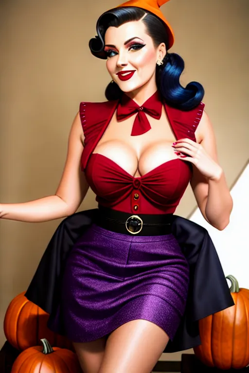 Full color, Halloween, gorgeous witch, cauldron, warm sexually welcoming smile, (flirting with me), closeup, 1940s style pinup hairstyle and makeup, looking into the camera lens, (deep plunge sweetheart style neckline)(revealing navel), cleavage, miniskirt, sexually aroused, Halloween decorations, sexually excited, (((curtsying)))(((pulling skirt up)))(((showing pussy))),trimmed pubic hair, stiletto heels,