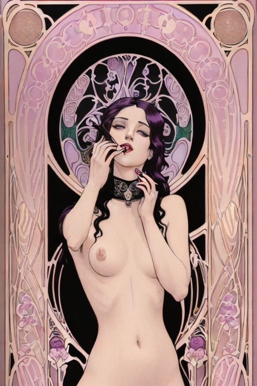 ((((Erotic art nouveau bad-girl art full color lithograph illustration)))), ((full color)), extreme closeup pov navel, sniffing a black rose, gorgeous young nude redhead woman, completely naked, beautiful face, (sexually aroused smile), ((alluring smile)), (((seductive expression))),((((flirting)))), beautiful eyes, ((((looking at me)))),(((looking into my eyes))), ((legs spread open)) ,(((showing pussy))),((looking at viewer)), in a rose garden full of black roses,