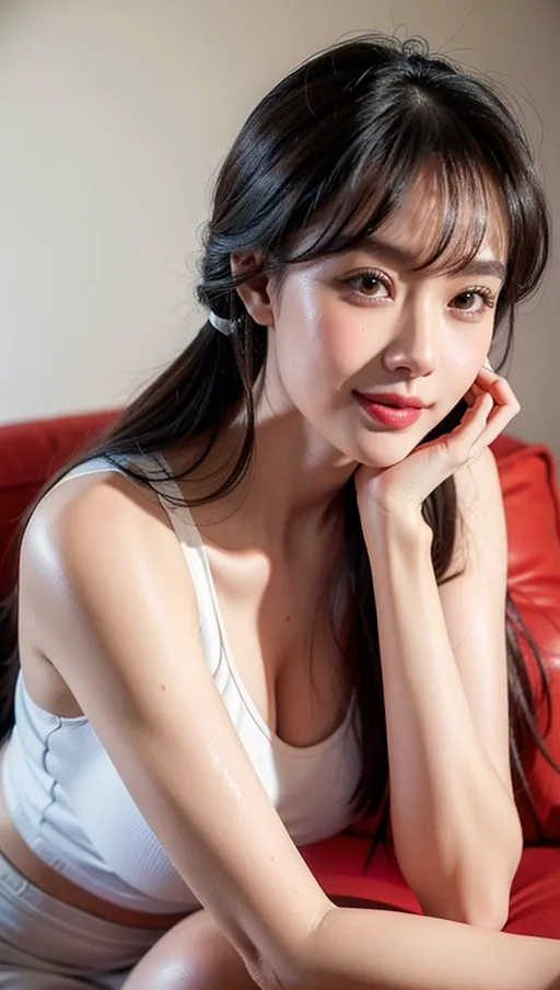 (best quality:2.0), (masterpiece:1.4), high resolution, (photo realistic:1.9), Korean sexy super model, perfect face propotion, nsfw, (thick sports shoes:1.2), navyblue sports wear, knee socks, thick eyebrow, (moon face:1.2), long neck, small lips, large hair band, full bangs, pony tail, large sparkring brown eyes, double eyelids, cheek blush, round cheek, sexy posture, muscular long legs, cleavage, luxury chair, (shiny sweaty ultra pale skin:1.5), big coy smile, beautiful constriction, broad forehead, ultra detailed fabric, detailed skin, dropping eyes, soft dim hotel room,